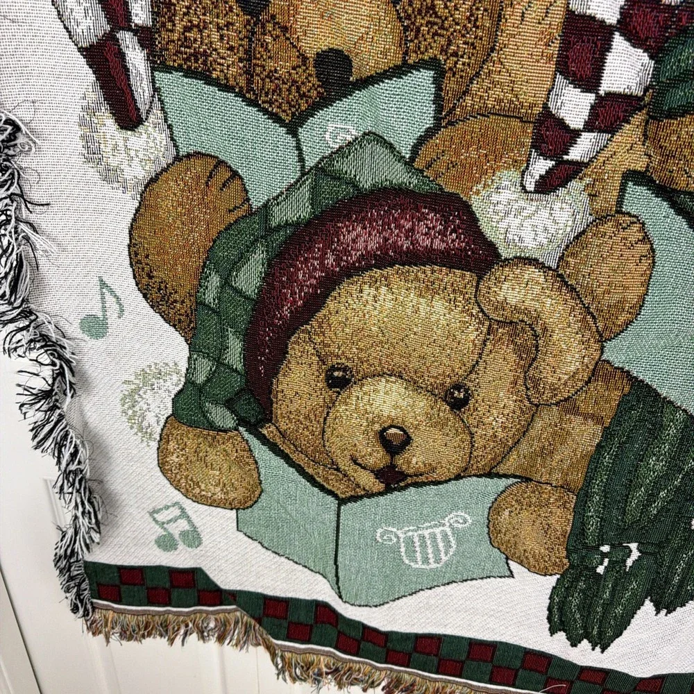 Christmas Teddy Bear Carolers Woven Tapestry Throw Blanket Holiday Afghan 50x60